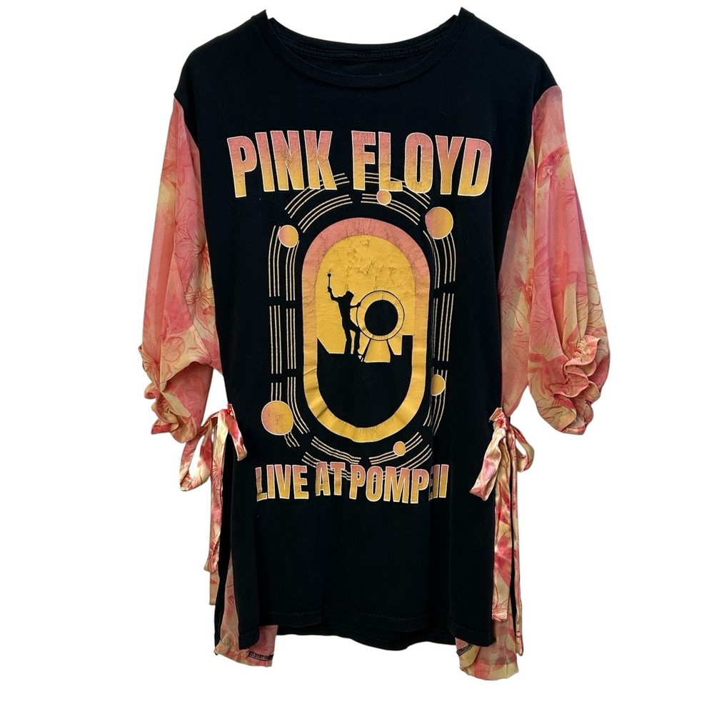 Upcycled OOAK VTG Pink Floyd SZ OS T-shirt Chiffon Balloon Short Sleeve Side Tie